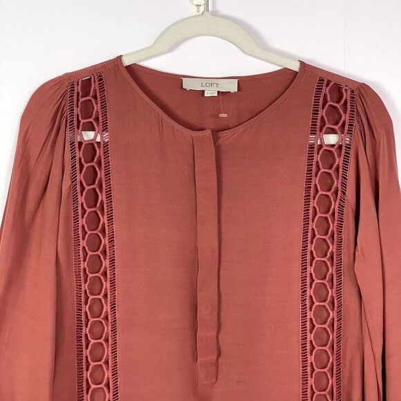 LOFT Lace Trim Popover Blouse, Rust color, size Small - Picture 2 of 11